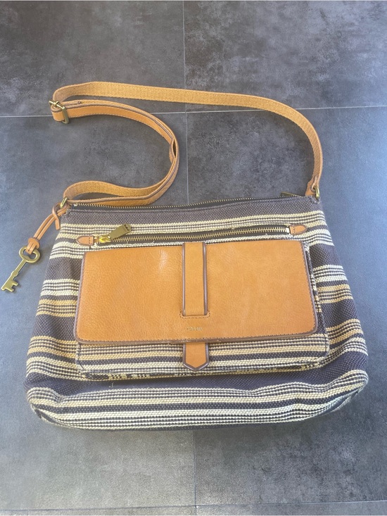 Fossil Handbags - Fossil Kinley Bohemian Brown & BlueGrey Striped Canvas Crossbody Bag w/key charm